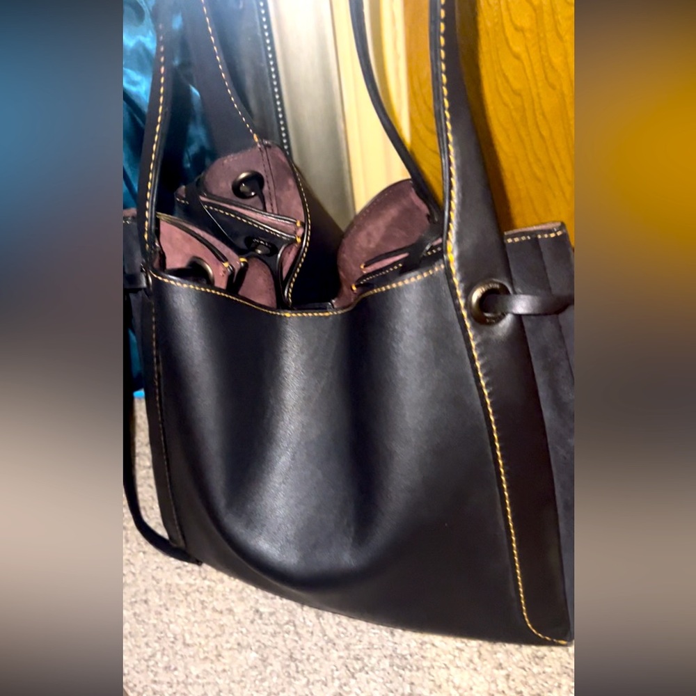 Coach Harmony Hobo Black Leather and Suede Maroon Interior with Yellow Stitching - Picture 15 of 17
